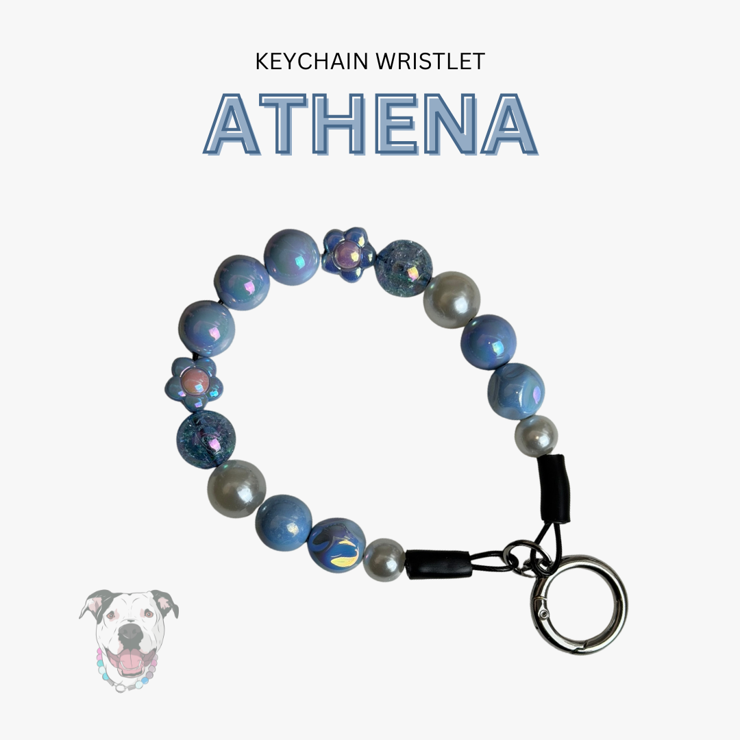 Keychain wristlet labeled 'Athena' with blue and silver beads on a white background