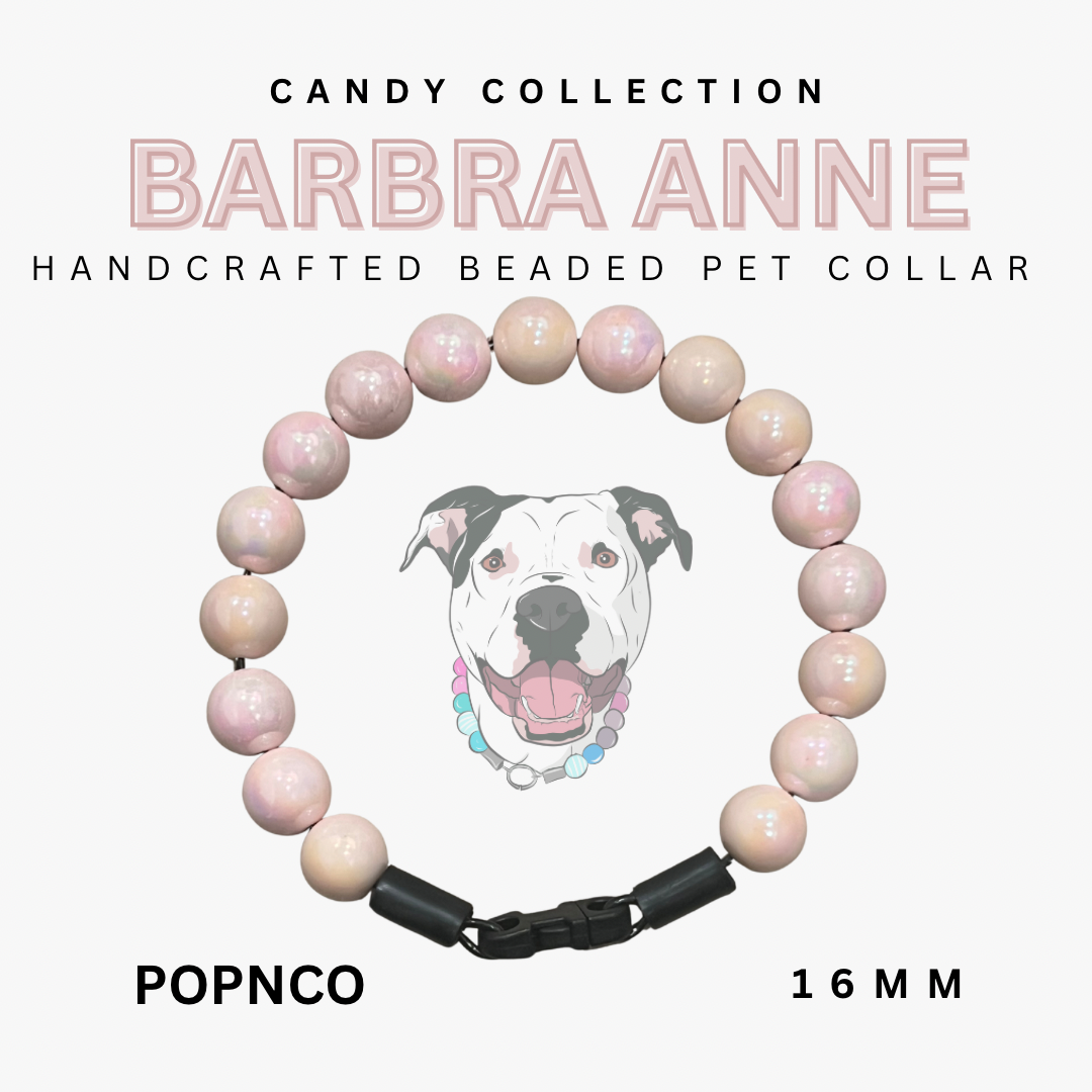 Handcrafted beaded pet collar with pink beads and a dog illustration on a white background, featuring the brand 'Barbra Anne'.