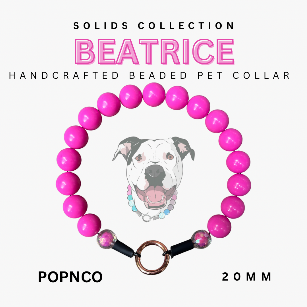 Handcrafted beaded pet collar with pink beads and a dog illustration on a white background