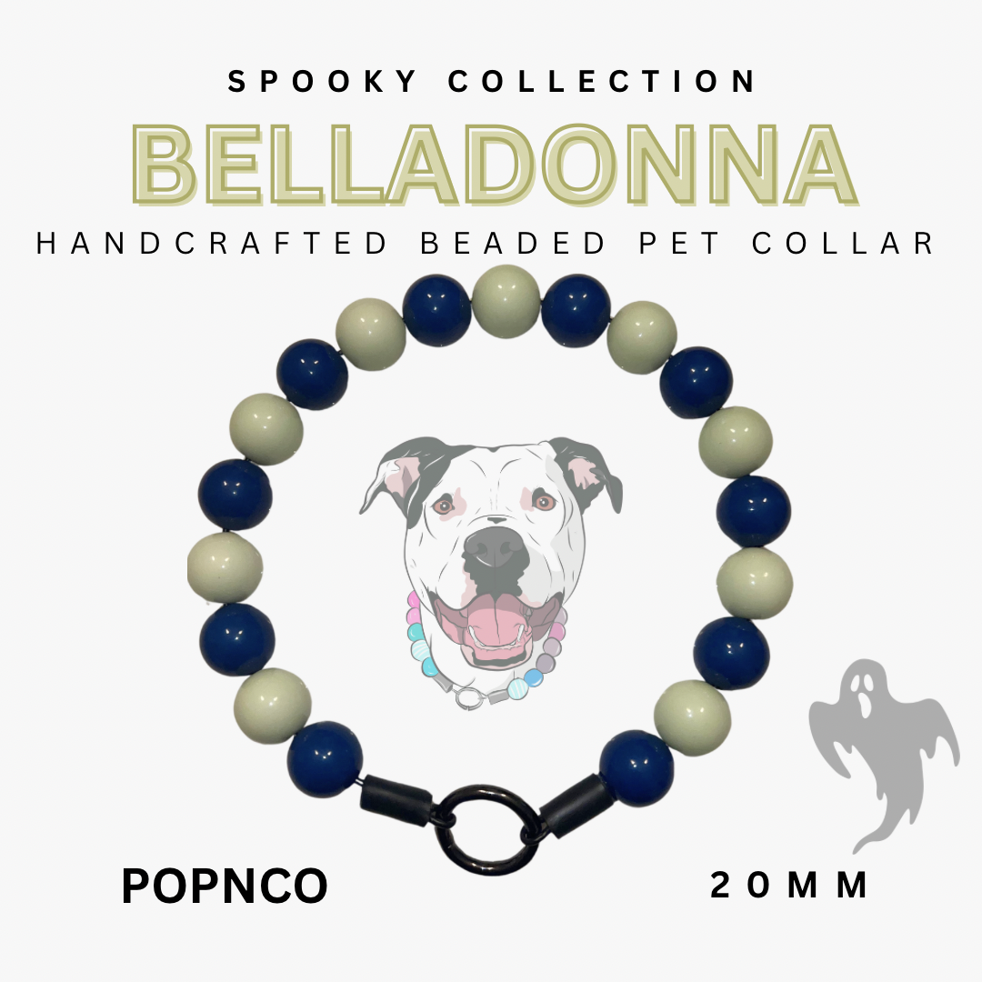 Handcrafted beaded pet collar with blue, green, and beige beads on a white background, featuring 'Belladonna' branding.