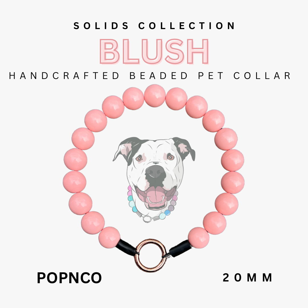 Handcrafted beaded pet collar with pink beads and a dog illustration on a white background