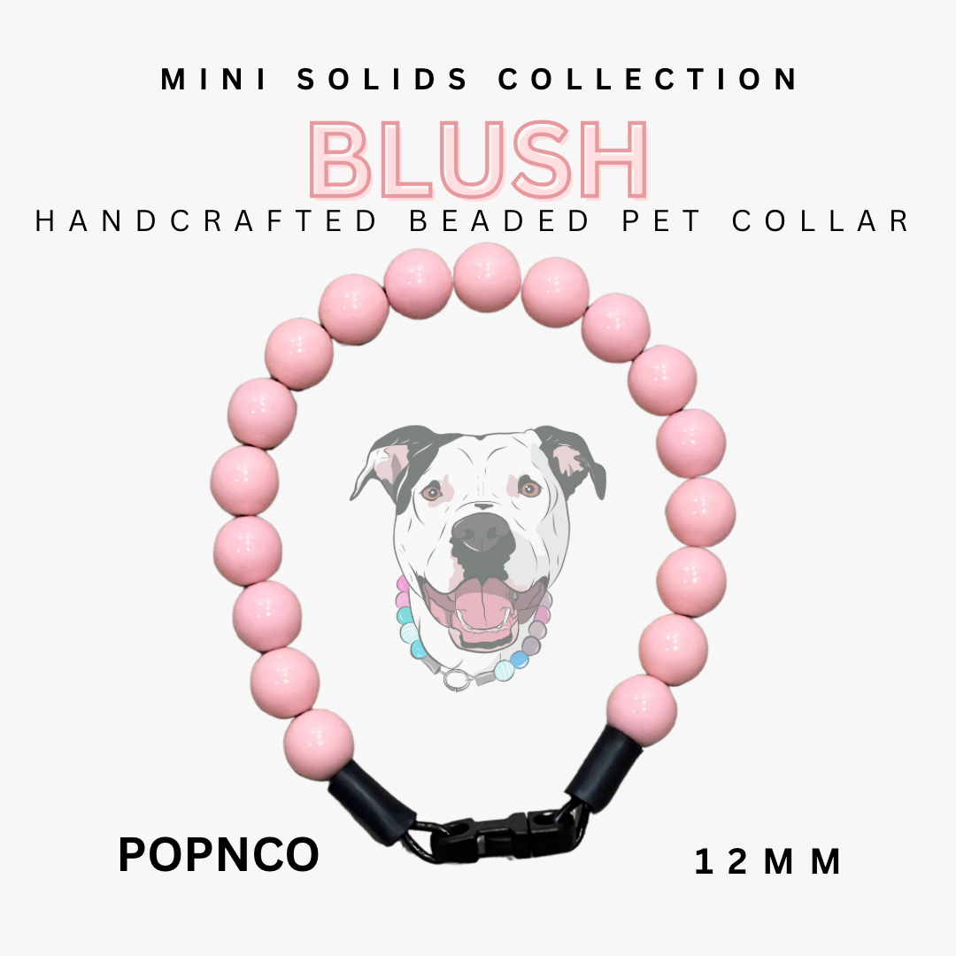 Handcrafted beaded pet collar with pink beads and a black clasp, featuring a dog illustration on a white background.