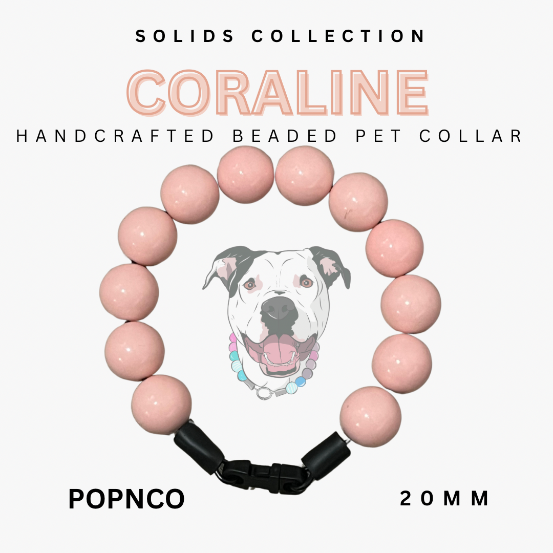 Handcrafted beaded pet collar with pink beads and a dog illustration on a white background, labeled 'Coraline' from the Solids Collection by POPNCO.