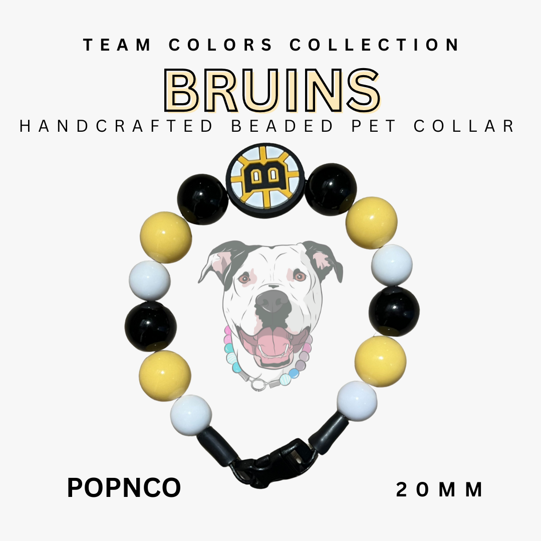 Handcrafted beaded pet collar with Bruins logo and dog illustration on a white background