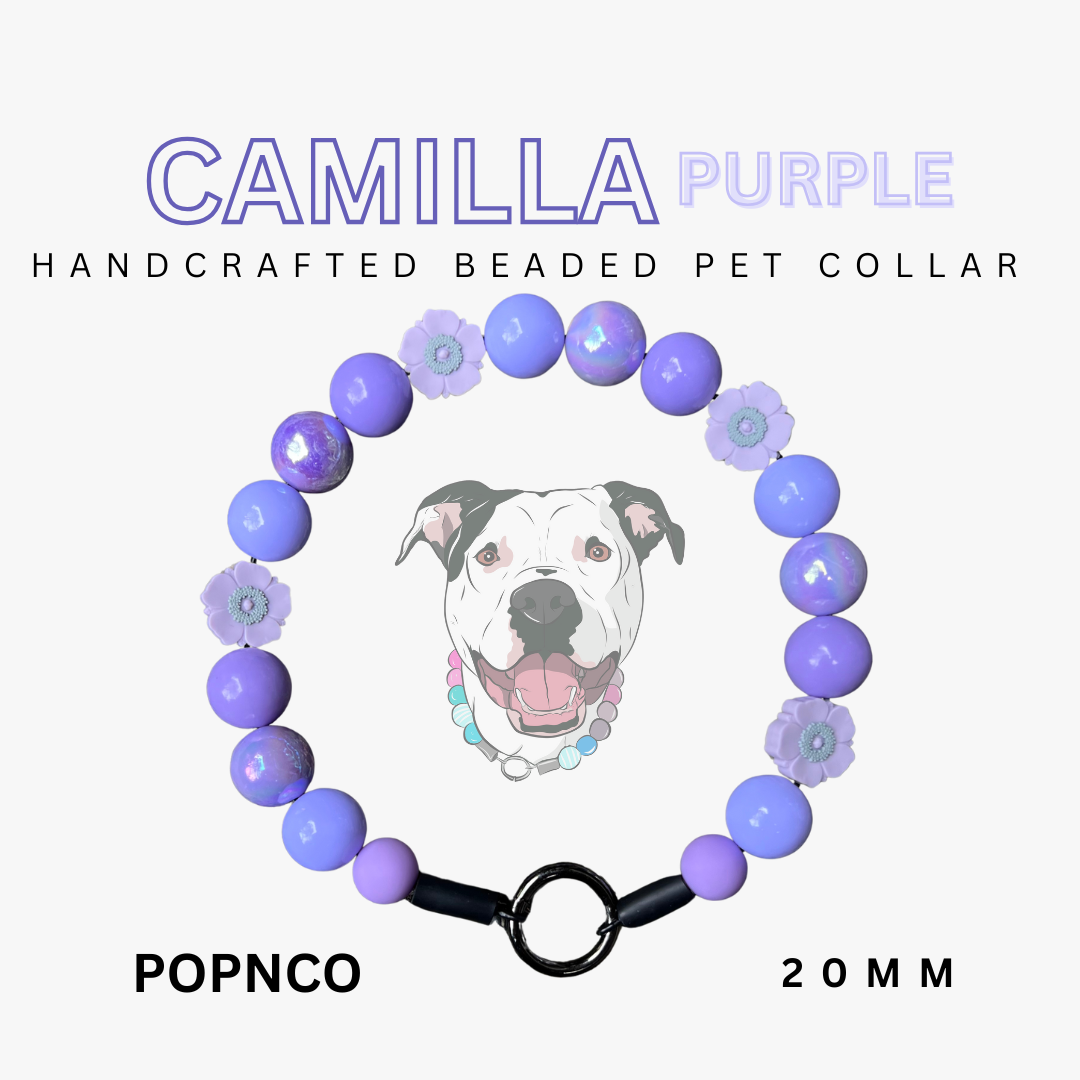 Handcrafted beaded pet collar with purple beads and floral designs, featuring a dog illustration on a white background.