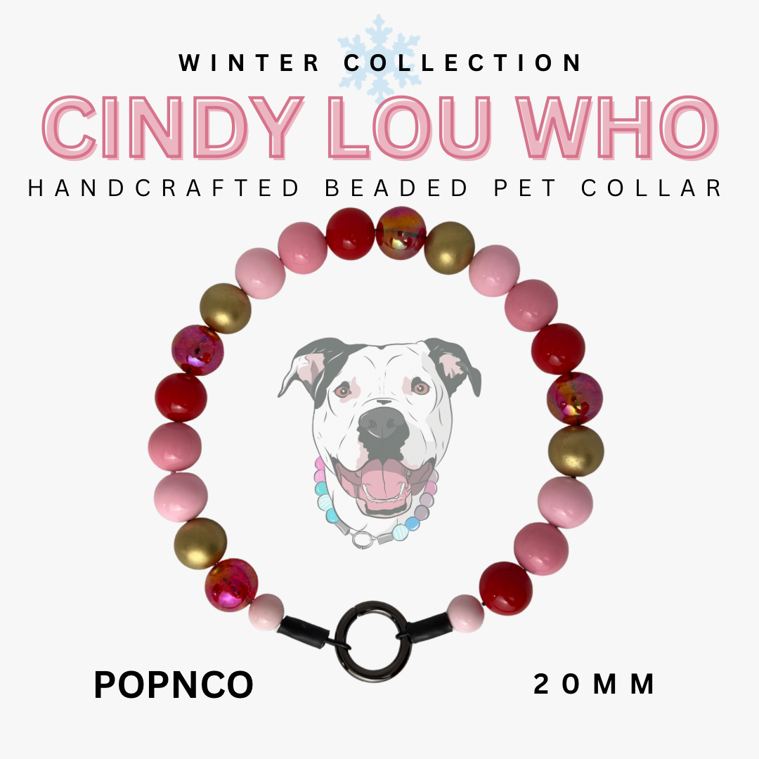 Handcrafted beaded pet collar with colorful beads and a dog illustration, branded 'Cindy Lou Who'.