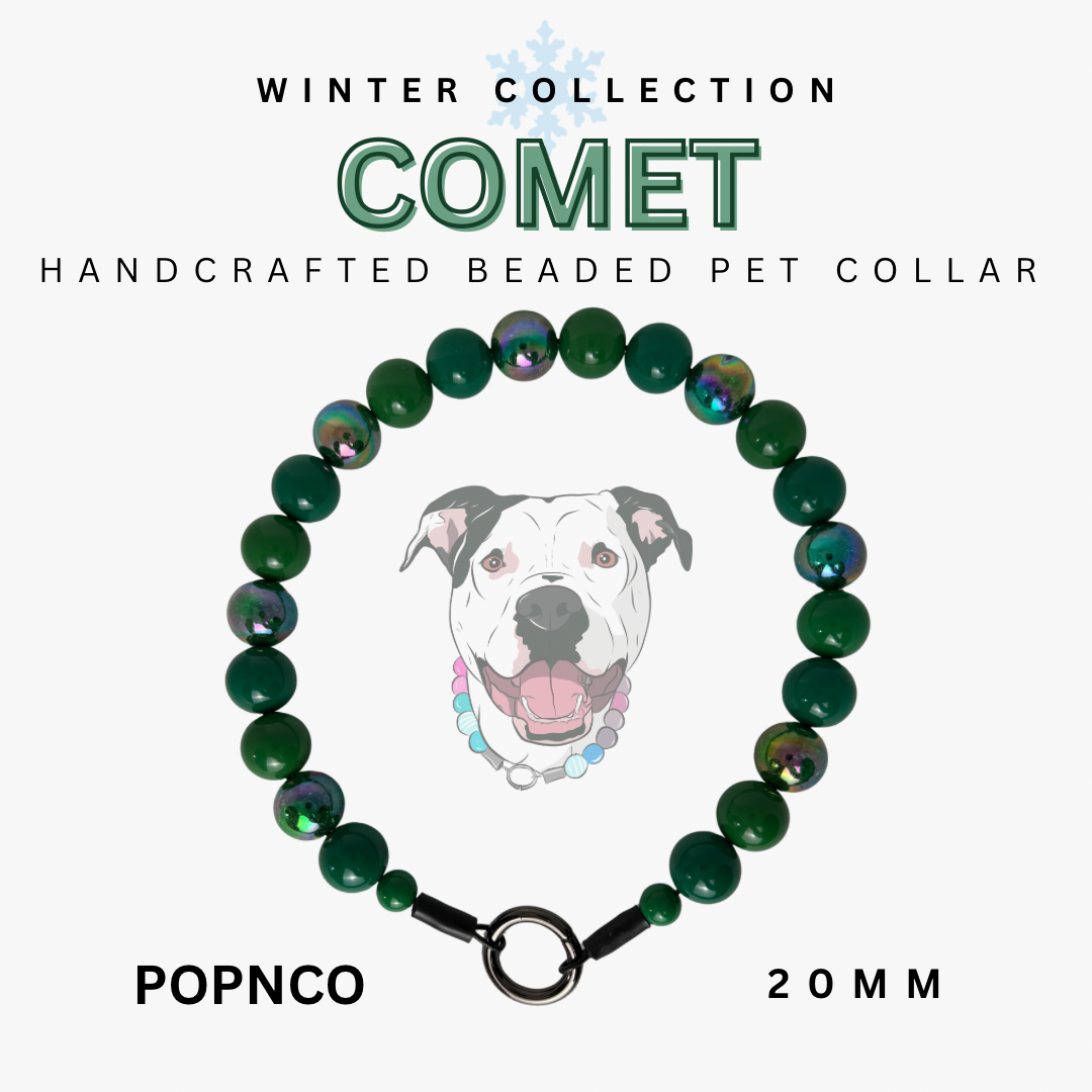 Handcrafted beaded pet collar with green beads and a black clasp, featuring a dog illustration on a white background.