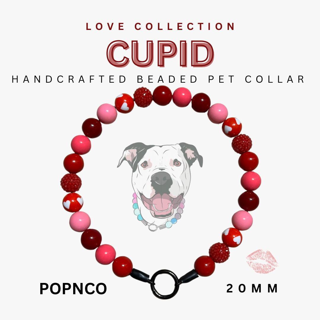 Handcrafted beaded pet collar with red and pink beads on a white background, featuring the brand 'POPNCO'.