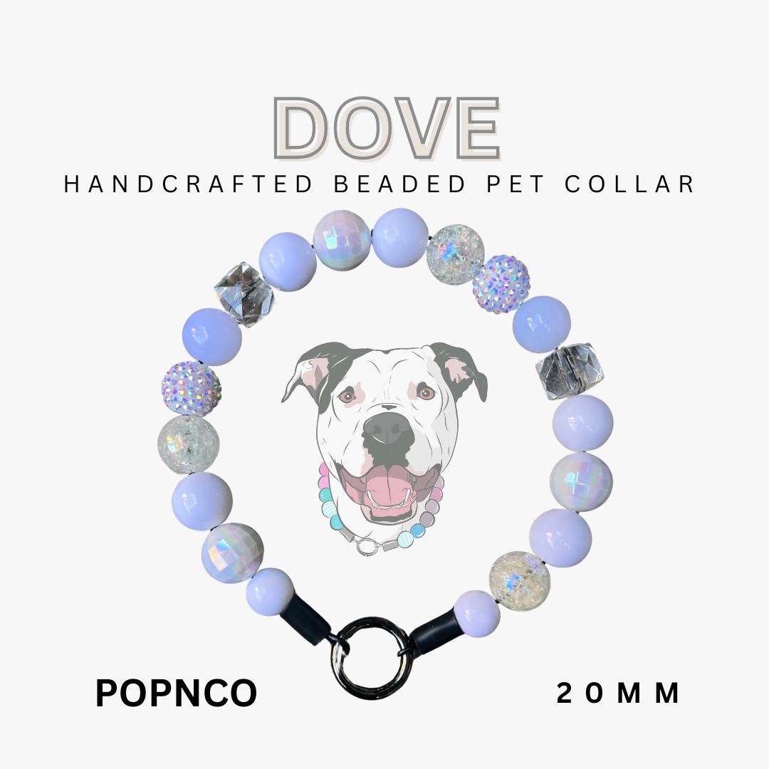Handcrafted beaded pet collar with 'Dove' branding on a white background