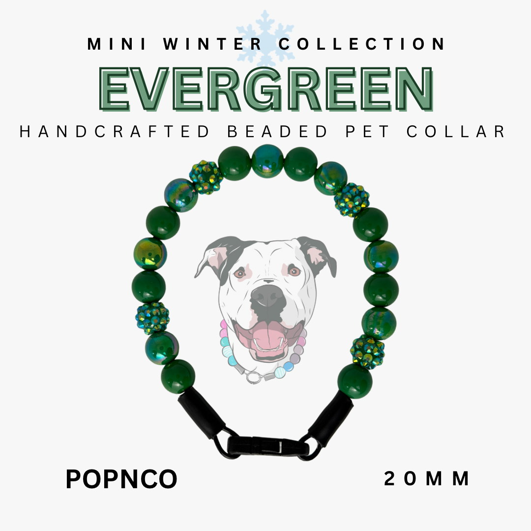Handcrafted beaded pet collar with green beads and a black strap, featuring a dog illustration on a white background.