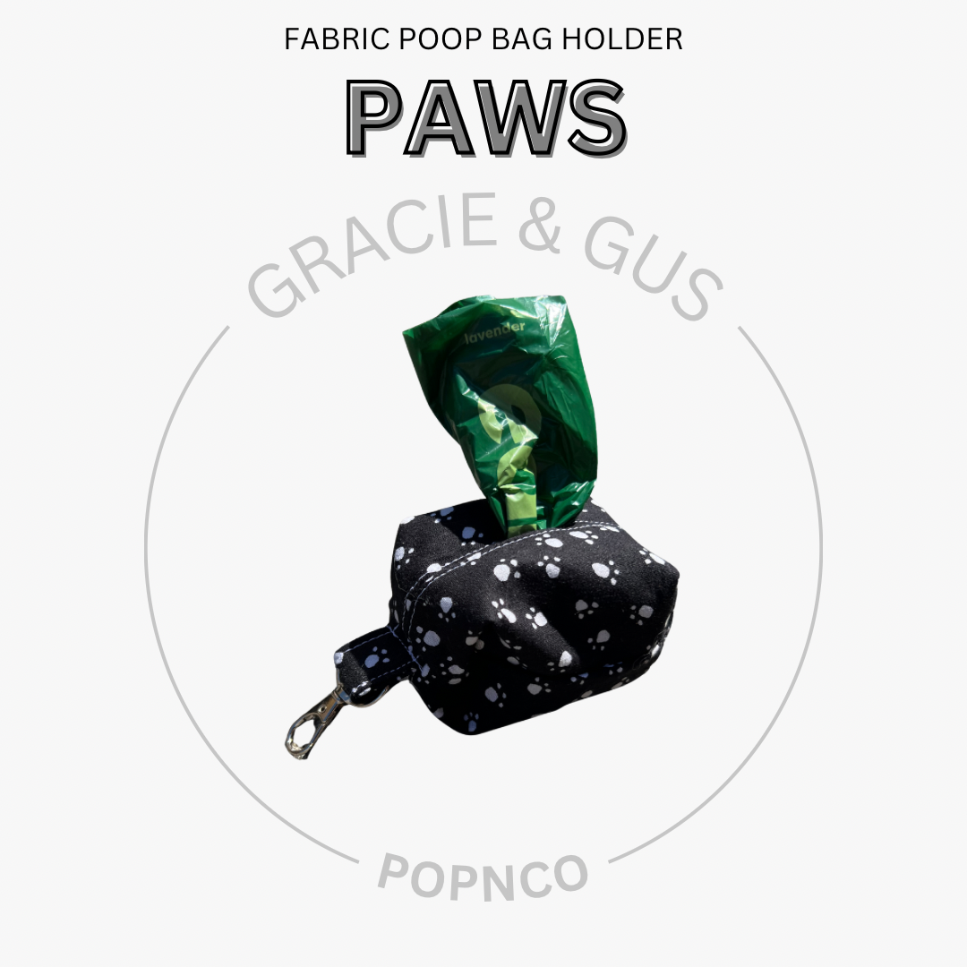 Fabric poop bag holder with green bag on a white background, featuring 'Gracie & Gus' and 'Popnco' branding.