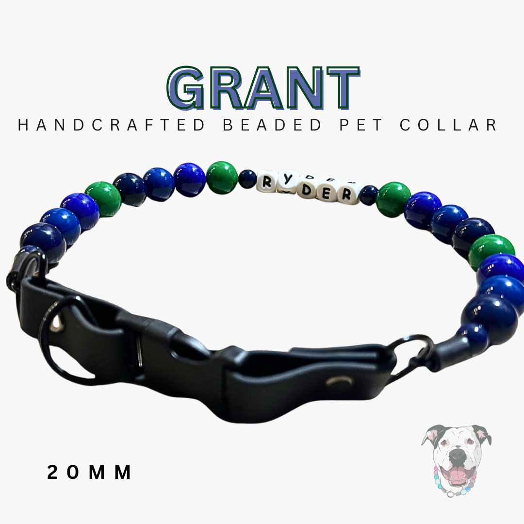 Handcrafted beaded pet collar with blue and green beads and a black clasp, branded 'Grant'.