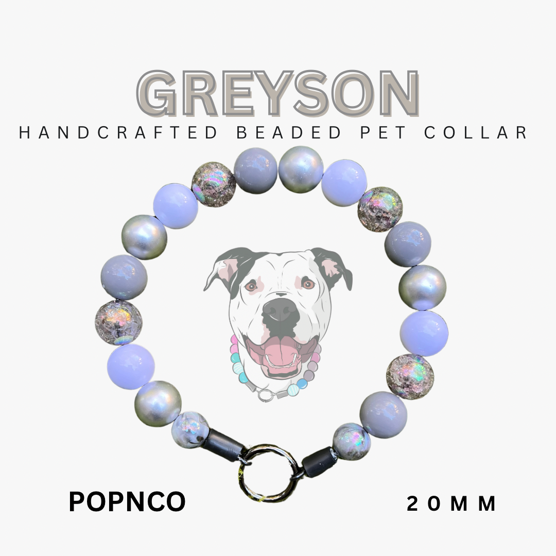 Handcrafted beaded pet collar with 'Greyson' branding on a white background
