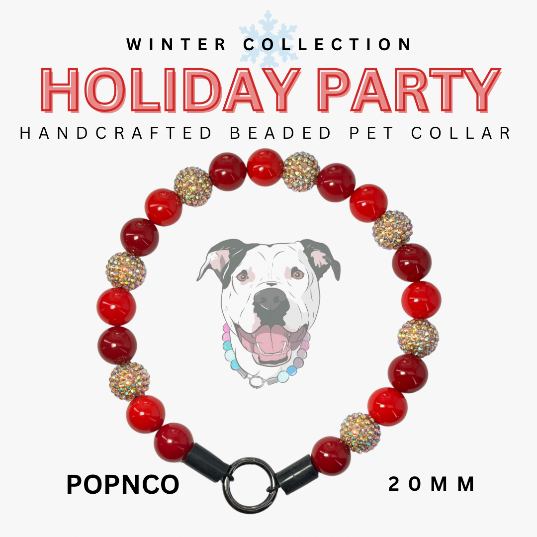 Handcrafted beaded pet collar with red and gold beads on a white background, featuring 'Popnco' brand.