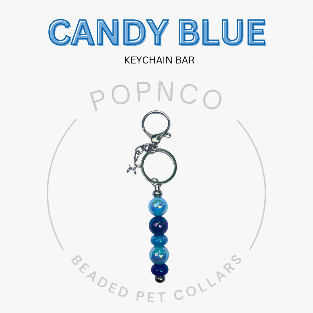 Keychain bar with blue beads on a white background, featuring the brand 'Popnco'.