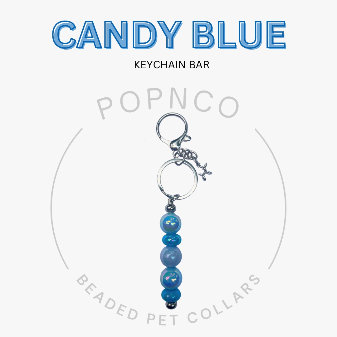 Candy Blue keychain bar with beads on a white background, featuring Popnco branding.