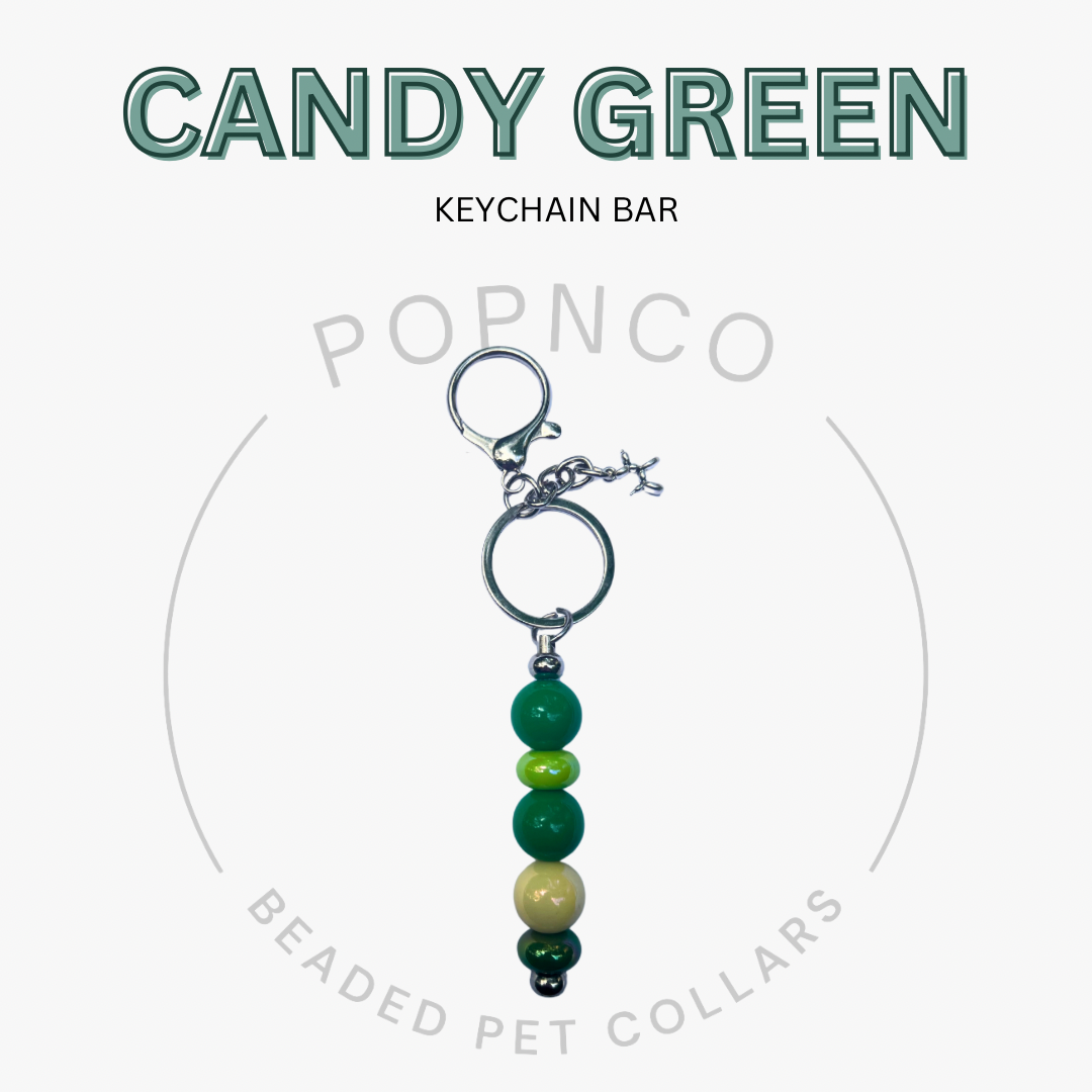 Green beaded keychain bar with 'Candy Green' text and 'POPCO' branding on a white background.