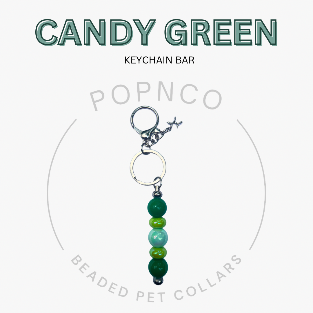 Green beaded keychain bar with 'Candy Green' text and 'Popnco' branding on a white background.
