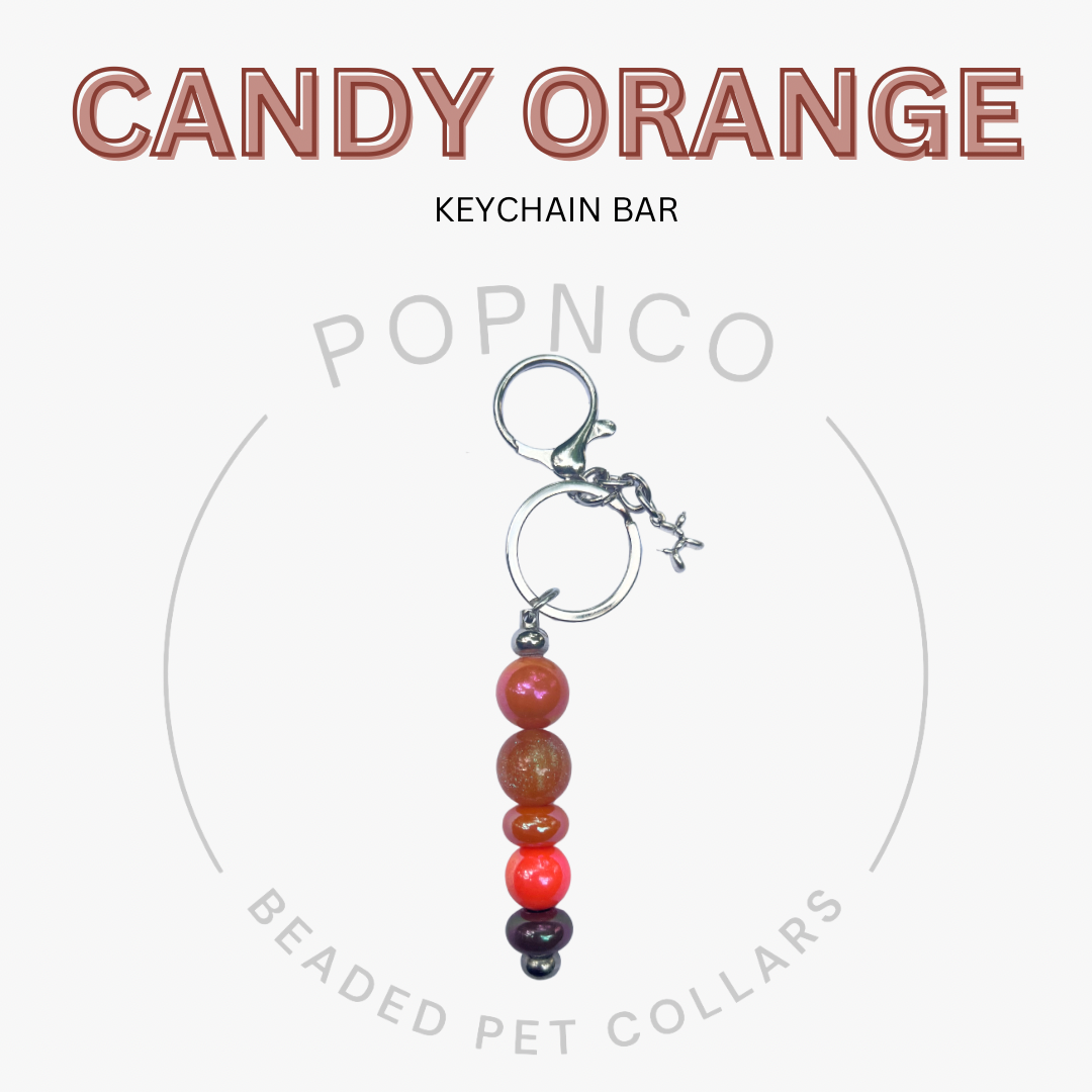 Keychain bar with beads on a white background, featuring the brand 'Candy Orange' and 'POPNCO'.