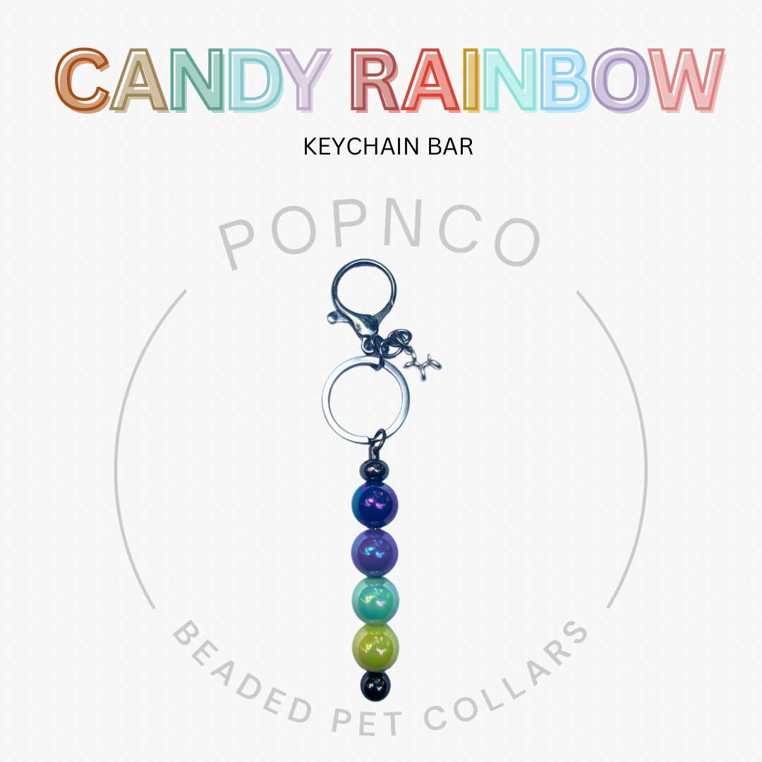 Candy Rainbow keychain bar with colorful beads on a white background, featuring Popnco branding.