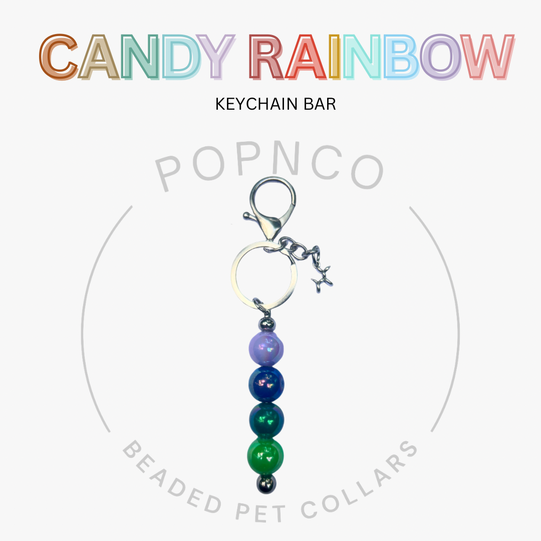 Keychain bar with colorful beads on a white background, featuring the brand 'Popnco'.