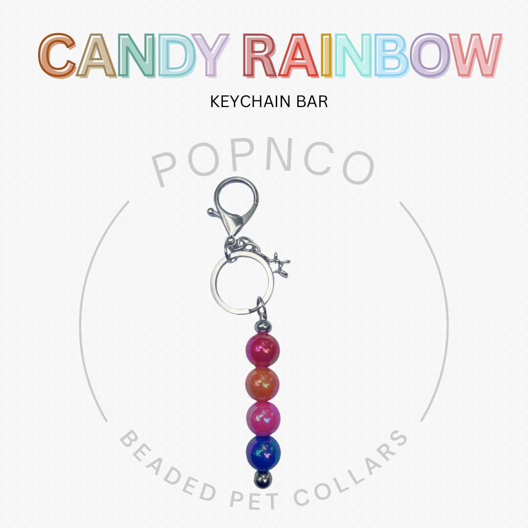 Candy rainbow keychain bar with colorful beads on a white background, featuring Popnco branding.