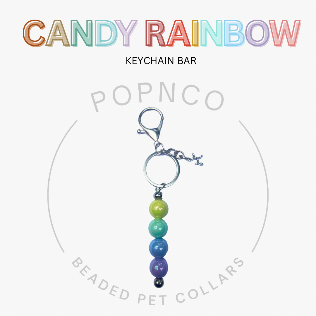 Candy rainbow keychain bar with colorful beads on a white background, featuring Popnco branding.