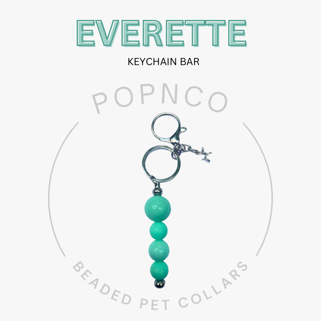 Turquoise beaded keychain bar with 'Everette' and 'Popnco' branding on a white background