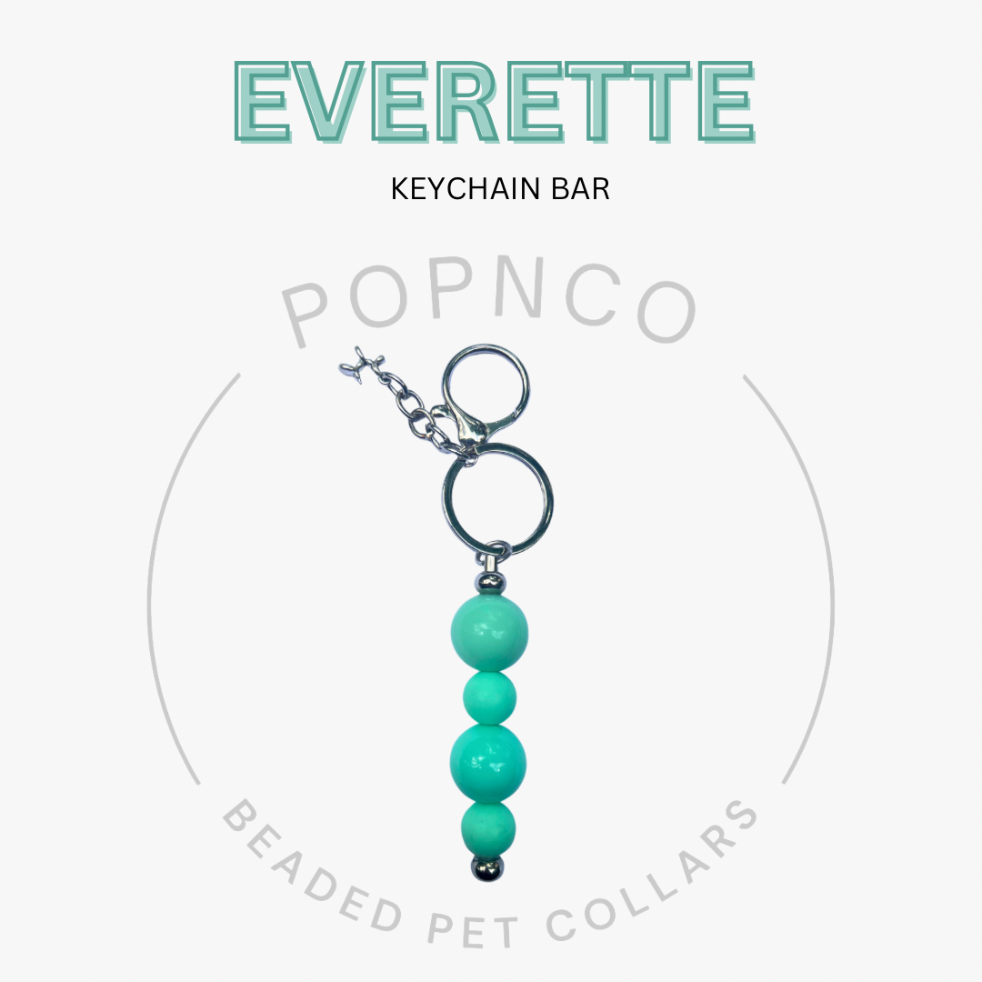 Turquoise beaded keychain bar with 'Everette' and 'Popnco' branding on a white background