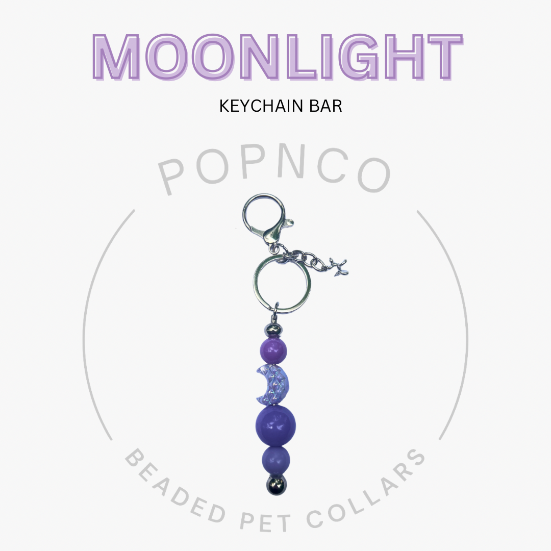 Purple beaded keychain bar with 'Popnco' branding on a white background