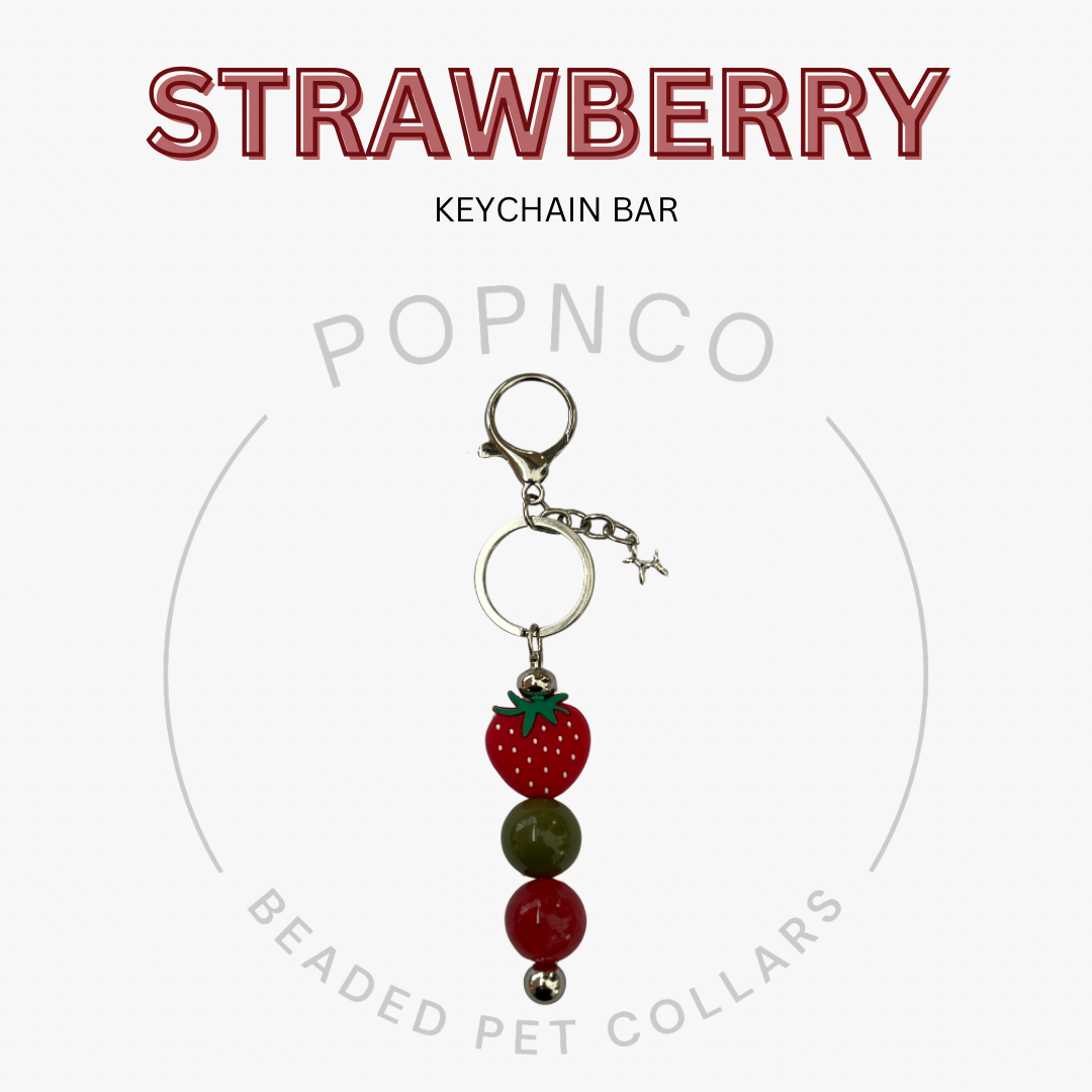 Strawberry keychain bar with 'Popnco' branding on a white background