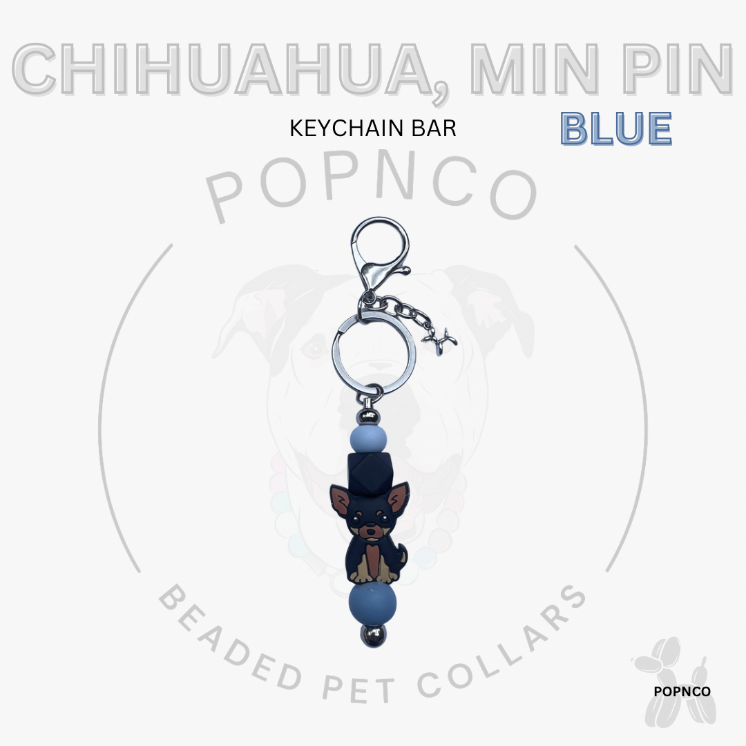 Blue keychain bar with a dog charm on a white background, featuring the brand 'Popnco'.