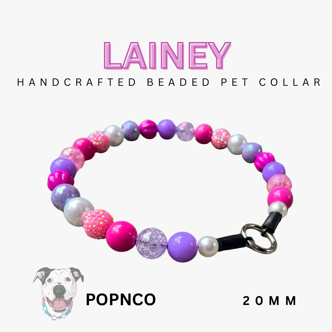 Handcrafted beaded pet collar with colorful beads on a white background, featuring the brand 'Lainey' and 'POPNCO'.
