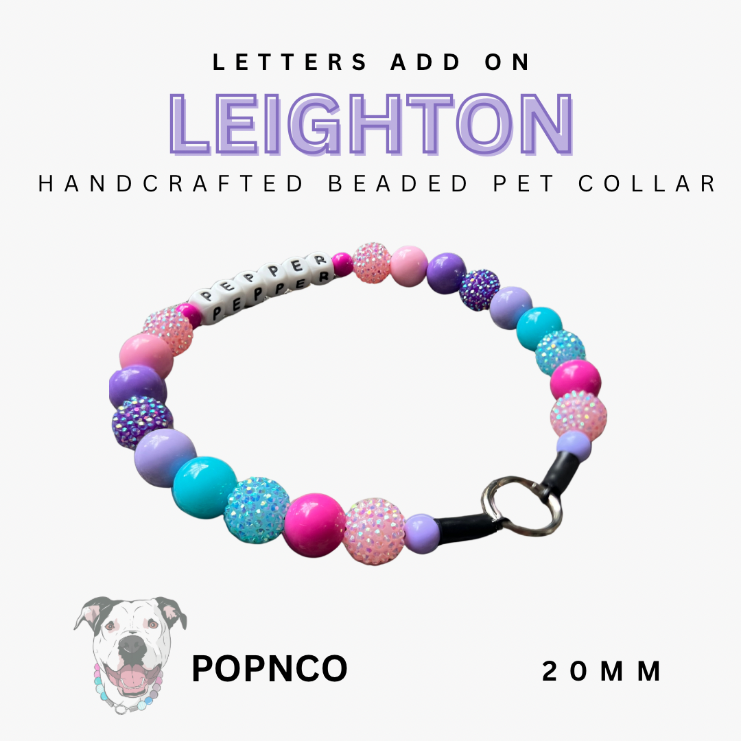 Handcrafted beaded pet collar with colorful beads and 'LEIGHTON' branding on a white background.