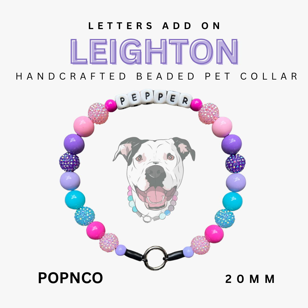 Handcrafted beaded pet collar with colorful beads and a dog's face on a white background
