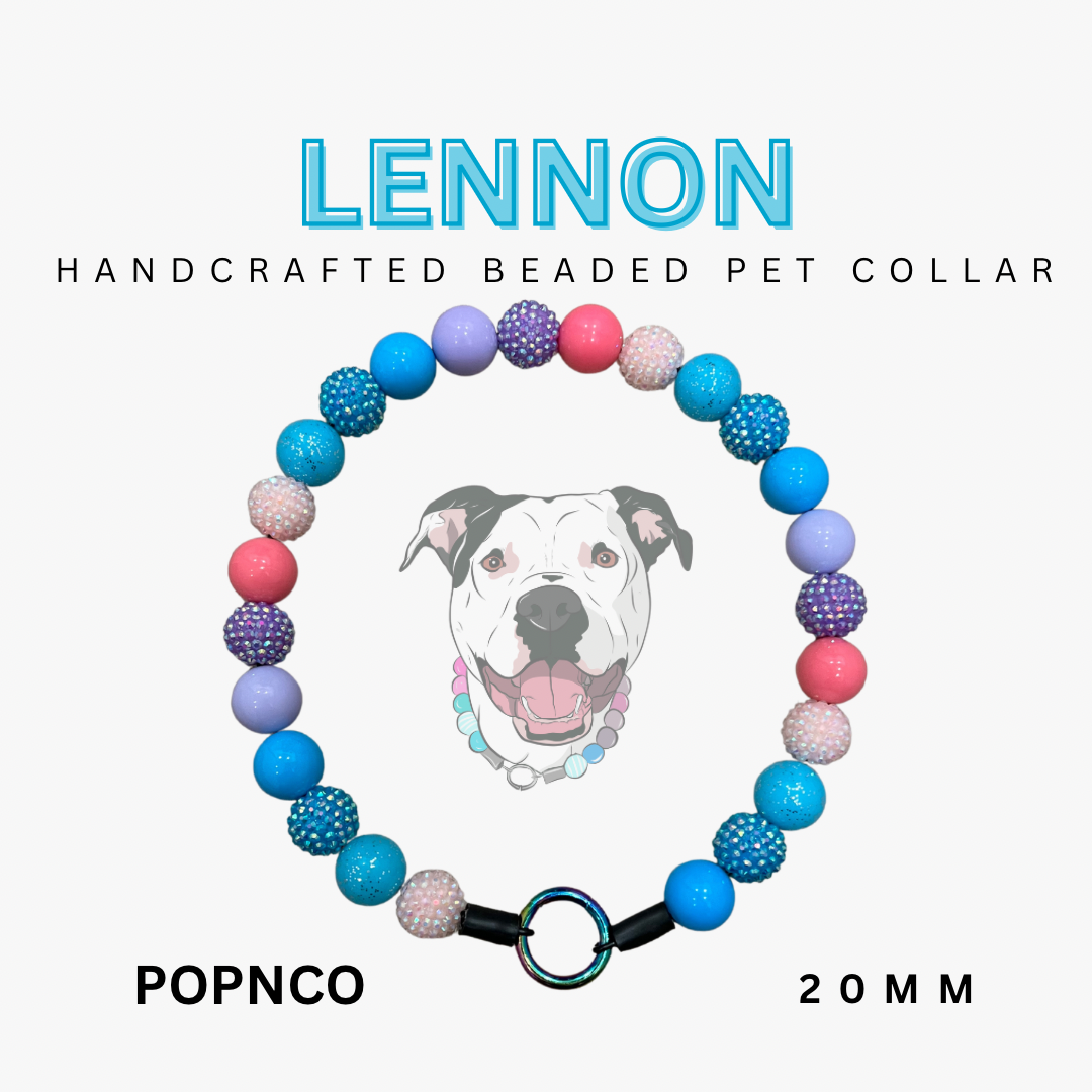 Handcrafted beaded pet collar with colorful beads and a dog illustration on a white background.