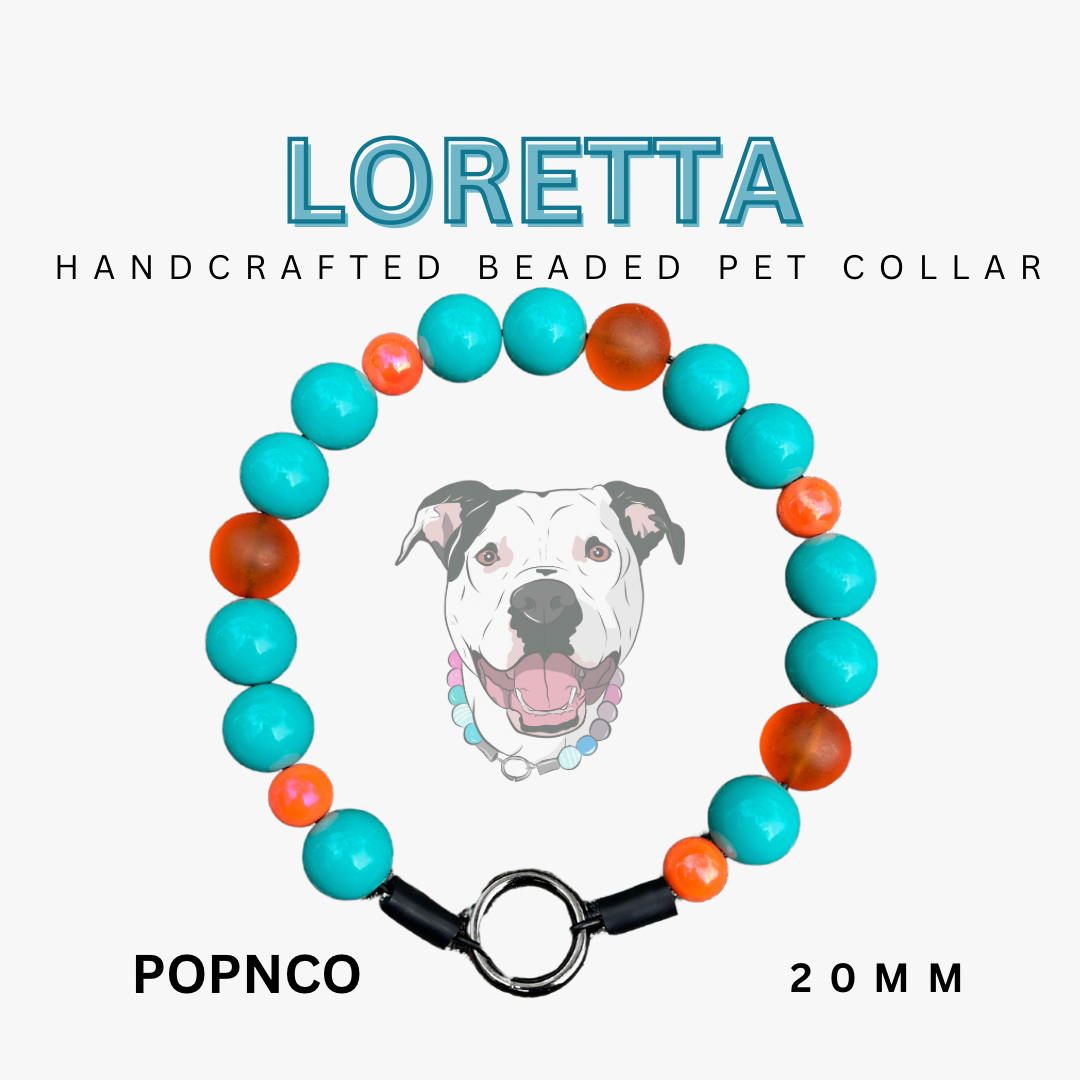 Handcrafted beaded pet collar with colorful beads and a dog illustration on a white background.