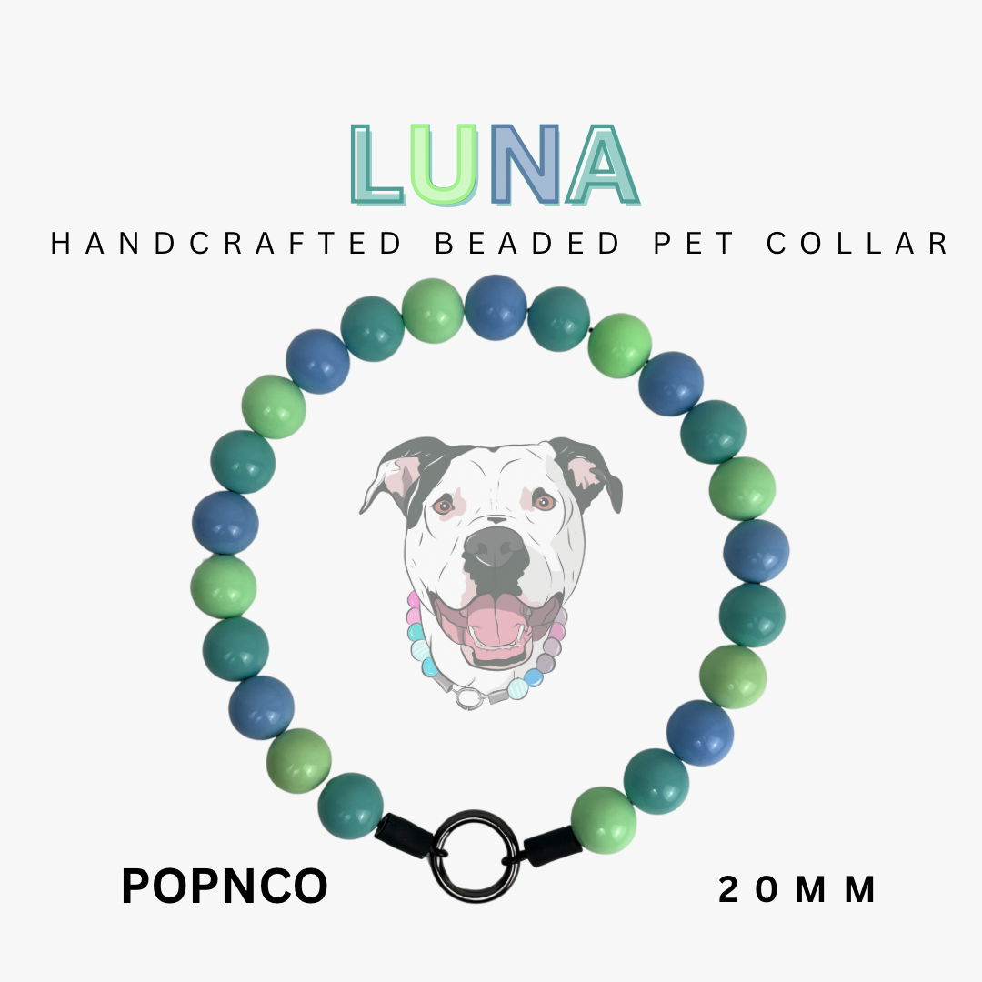 Handcrafted beaded pet collar with colorful beads and a dog illustration on a white background.