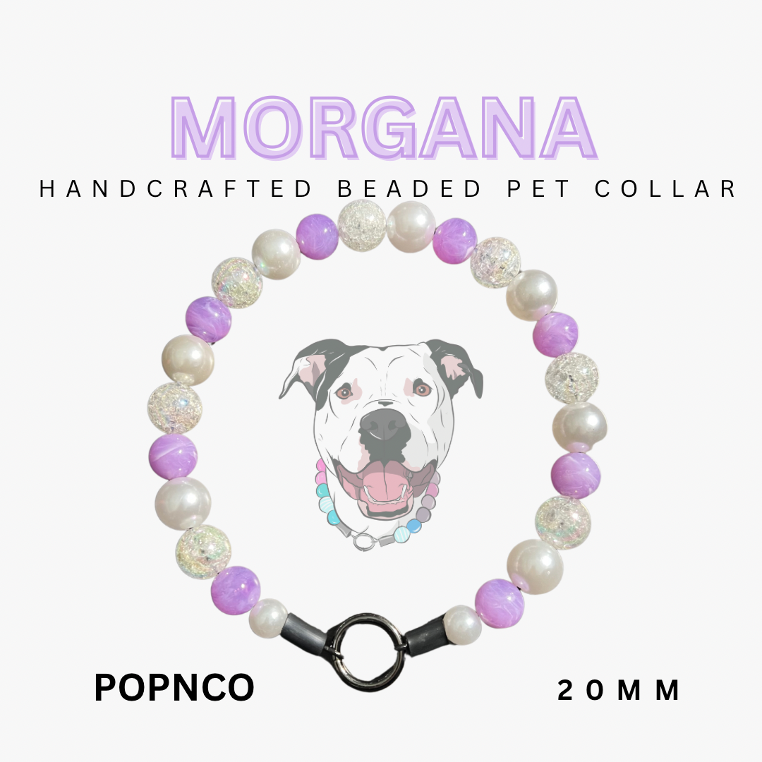 Handcrafted beaded pet collar with a dog's face on a white background, featuring the brand 'POPNCO'.