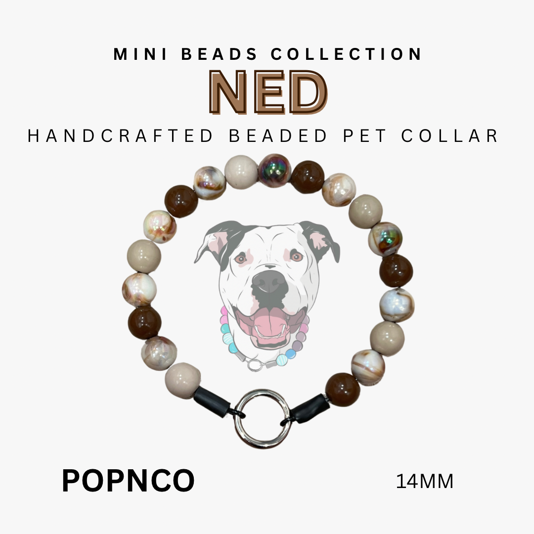 Handcrafted beaded pet collar with a dog illustration on a white background, featuring the brand 'POPNCO'.