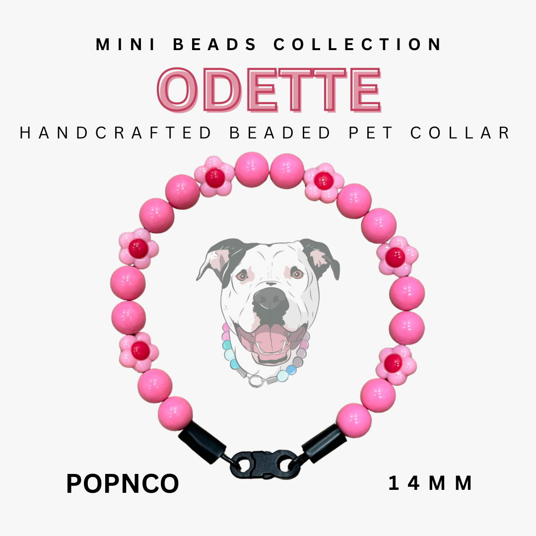 Handcrafted beaded pet collar with pink beads and black clasp, featuring a dog illustration on a white background.