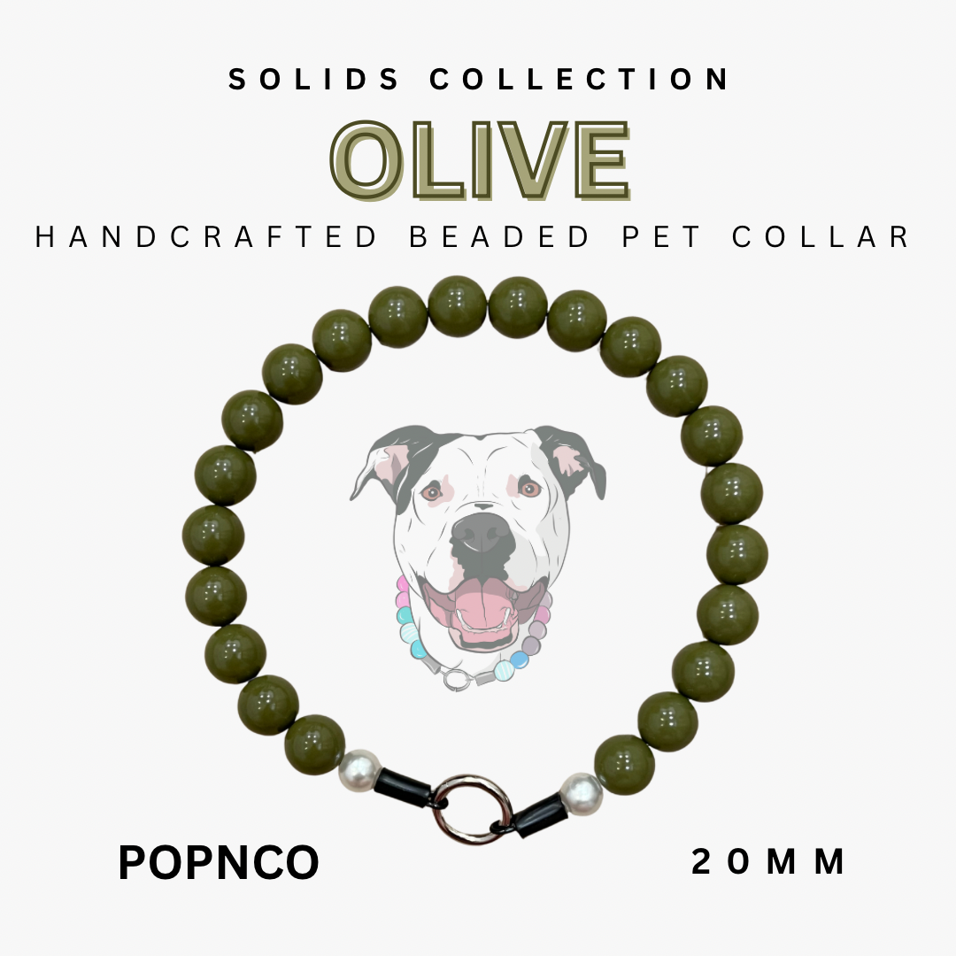 Handcrafted beaded pet collar with olive green beads and a dog illustration on a white background.