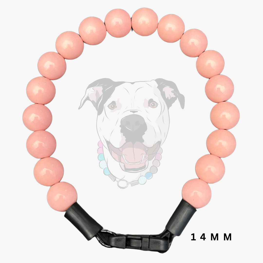 A pink beaded dog collar with a black plastic clasp, shown against a light gray background with a faint dog graphic and '14 MM' text.