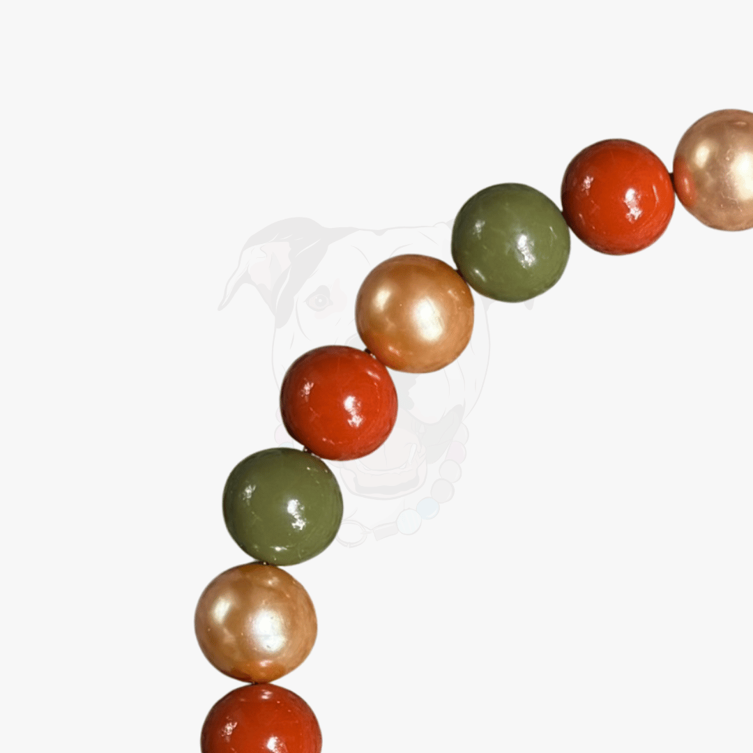 POPNCO Heather Beaded Dog Collar 20mm Square on White Background featuring close up of rust brown, gold and olive green acrylic beads