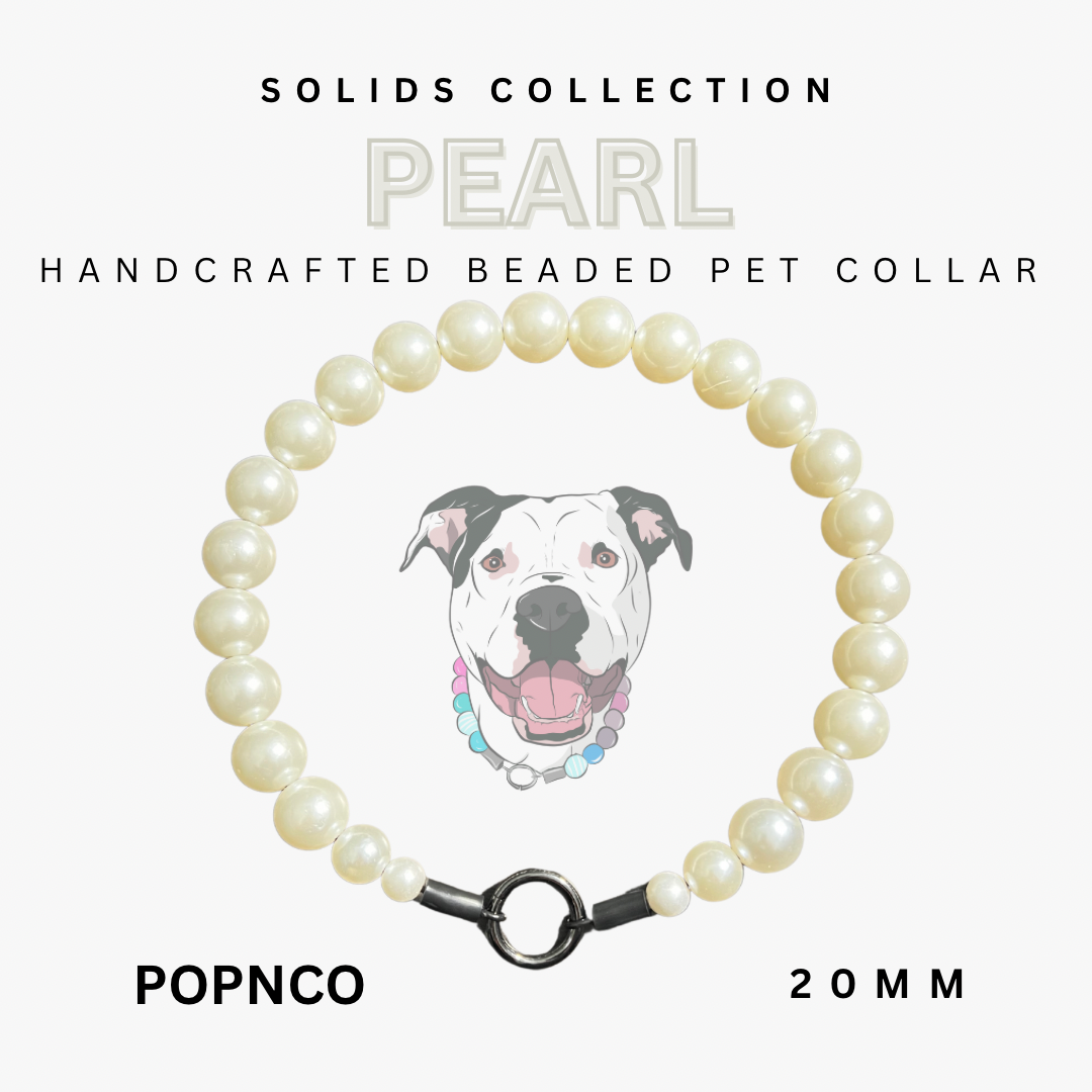 Handcrafted beaded pet collar with a dog illustration on a white background, labeled 'Solid's Collection Pearl'.