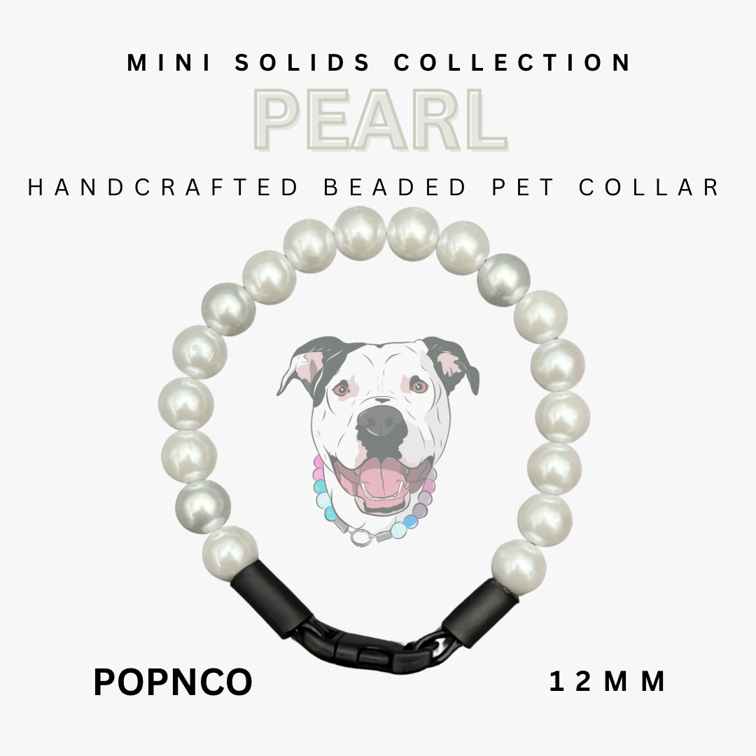 Handcrafted beaded pet collar with pearl beads and a black strap, featuring a dog illustration on a white background.