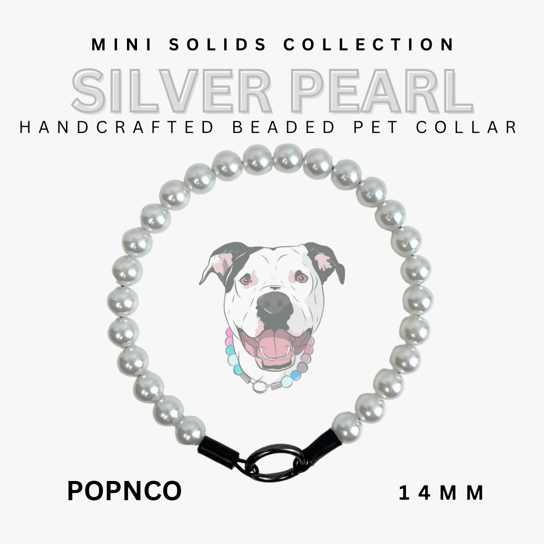 Handcrafted beaded pet collar with a dog illustration on a white background, labeled 'Silver Pearl' from the Mini Solids Collection by POPNCO.