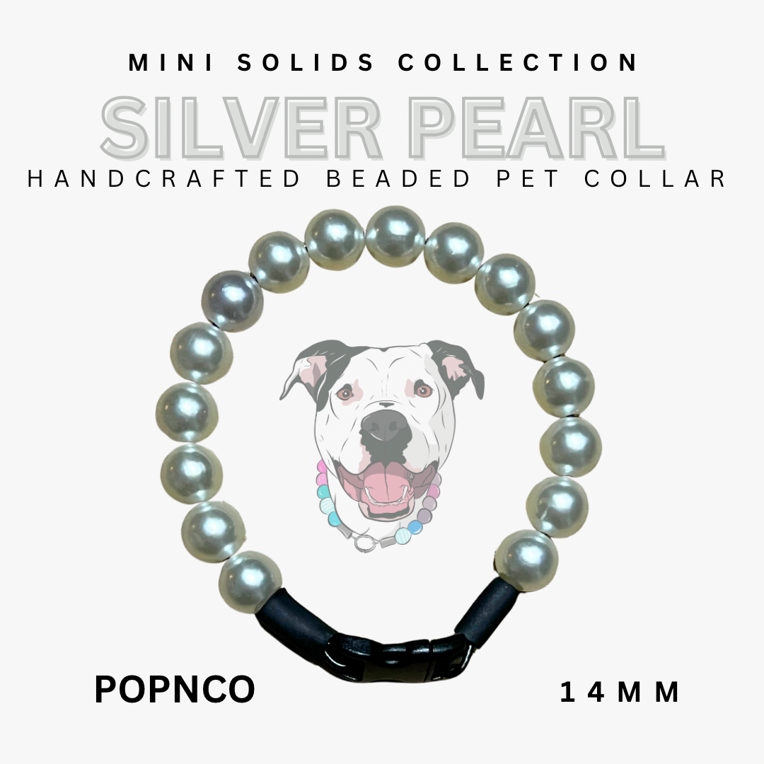 Handcrafted beaded pet collar with pearls and black band, featuring a dog illustration on a white background.