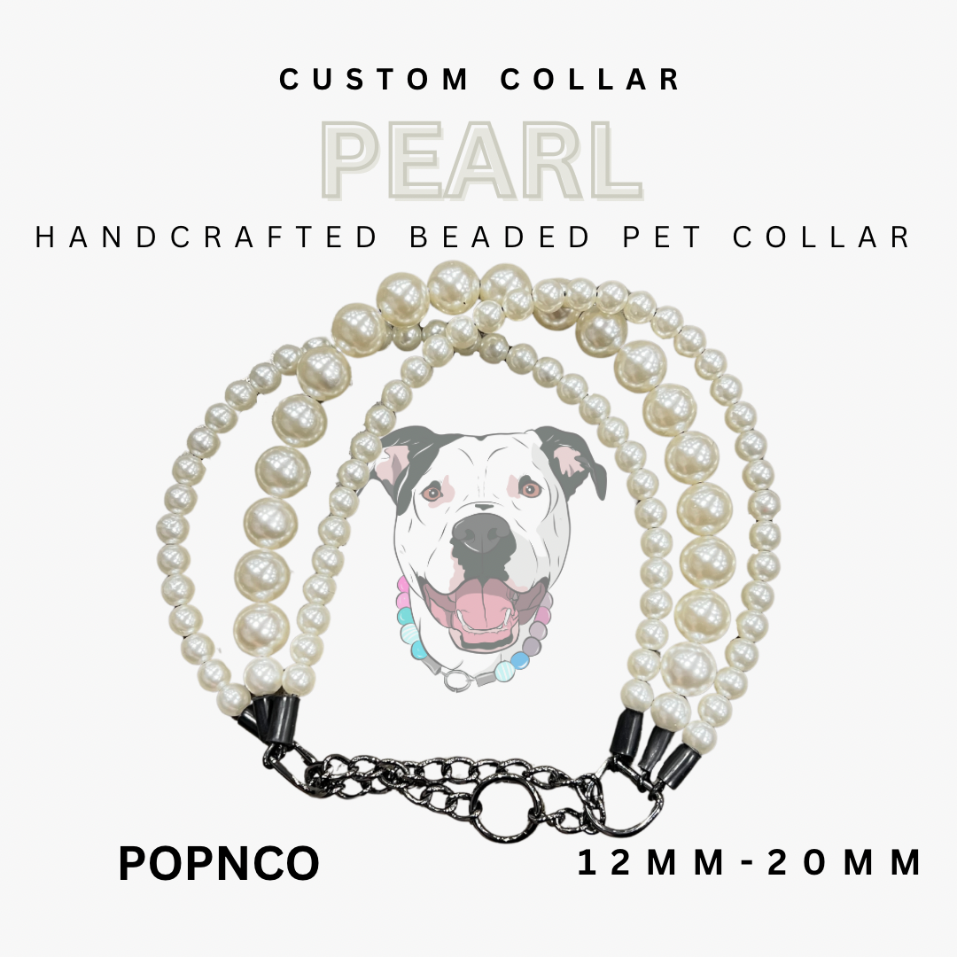 Handcrafted beaded pet collar with pearl design and dog illustration on a white background