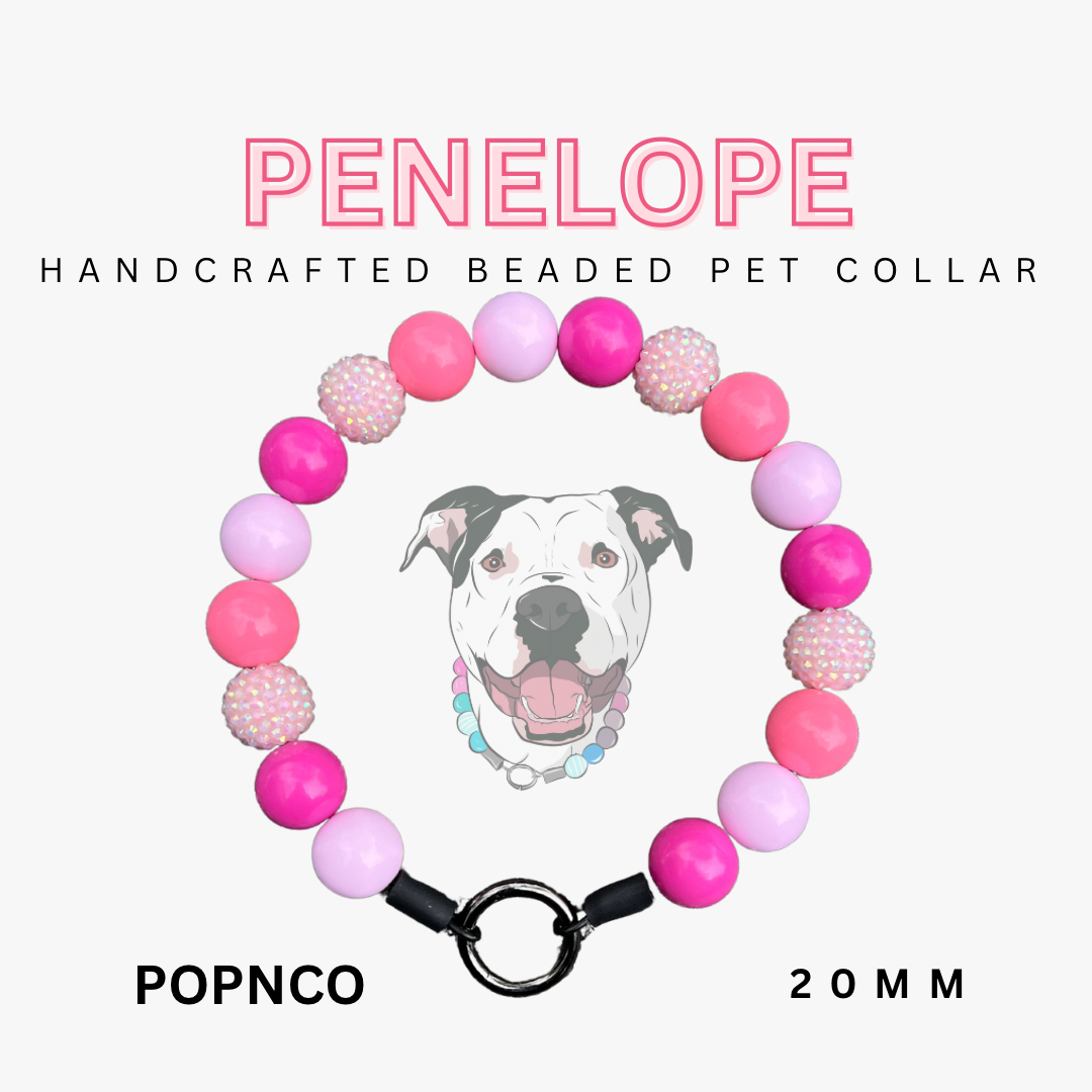 Handcrafted beaded pet collar with pink and purple beads and a dog illustration on a white background.